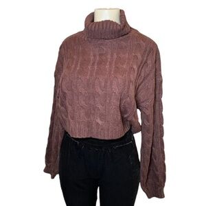 Cable-knit Brown Turtleneck Cropped Sweater Size M